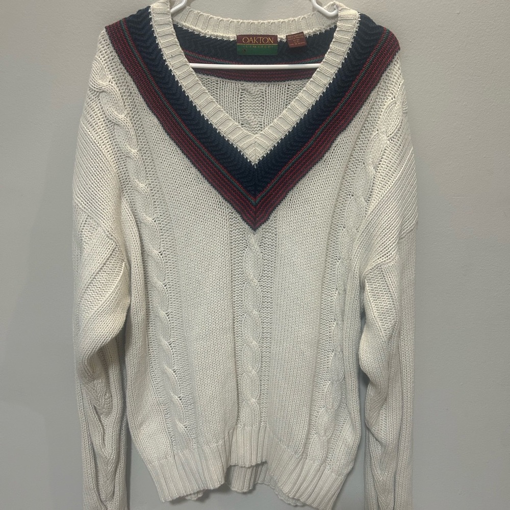 Oakton Men's V-Neck Sweater in cream with Navy and Red Trim 0183